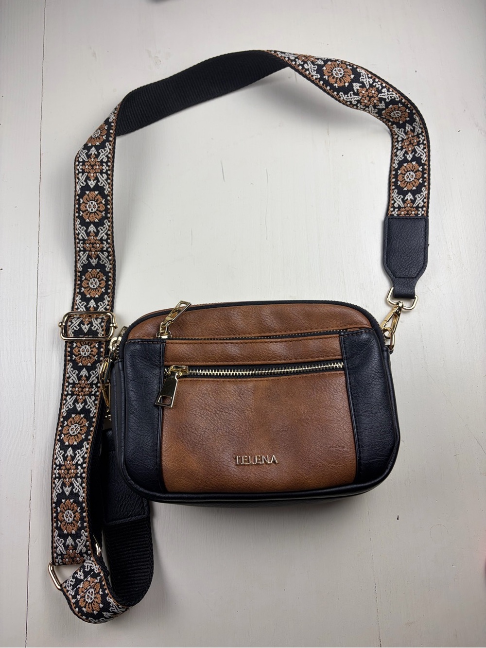 TELENA Two-Tone Brown & Black Crossbody with Patterned Strap